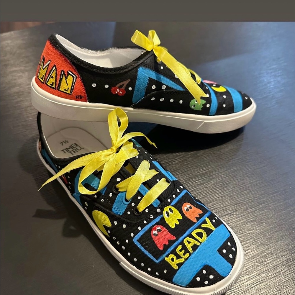 Hand painted pac man Time and Tru Black Sneakers with Yellow Laces